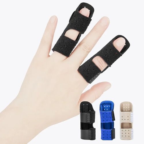 Black, blue, beige perforated neoprene finger brace for orthopedic pain relief and injury support.