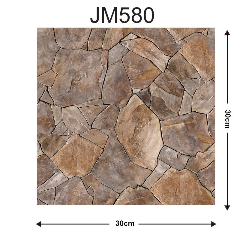 Peel-and-stick backsplash tiles in brown stone pattern; 30 x 30 cm design