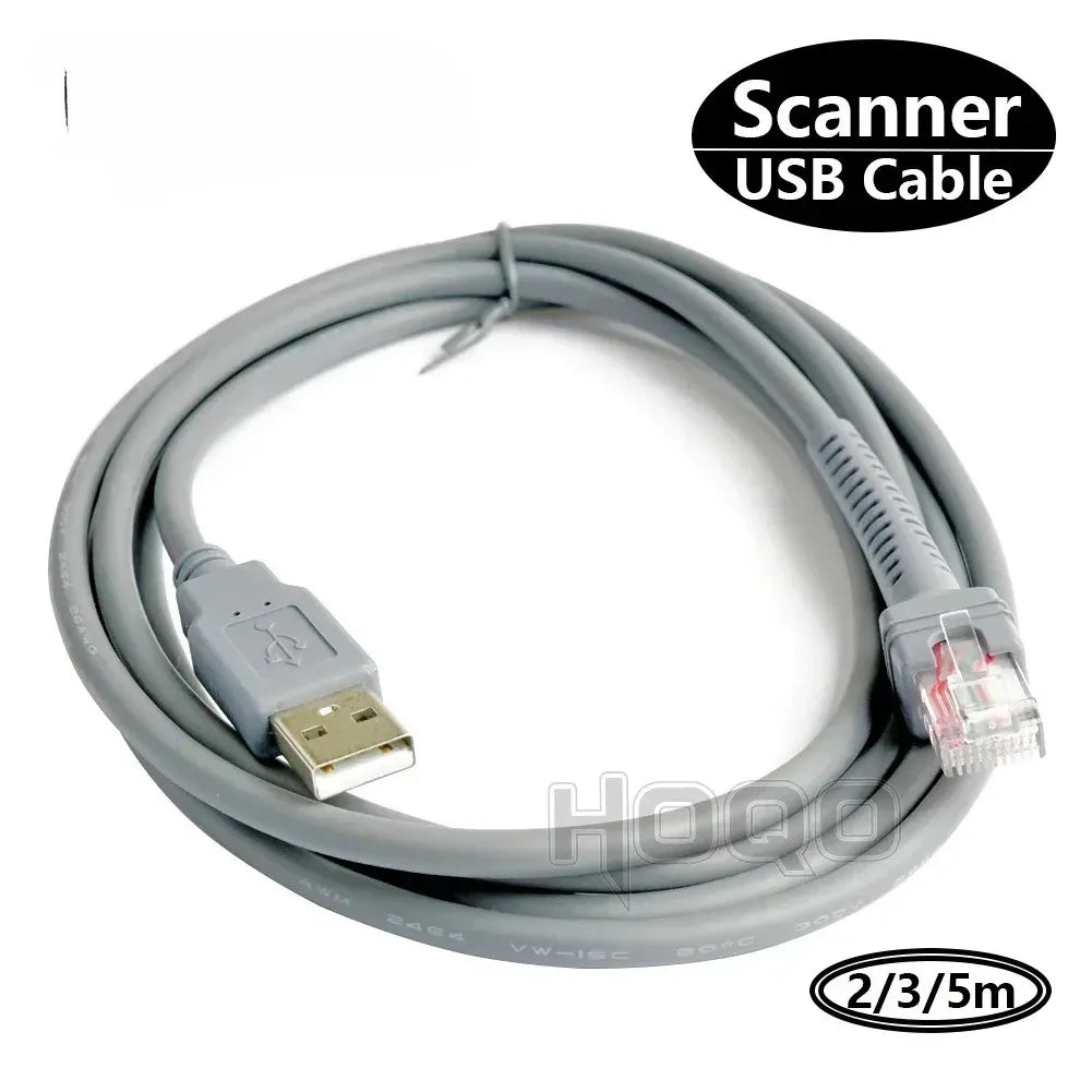 Grey USB barcode scanner cable, labeled scanner USB, with RJ45 and USB-A ends