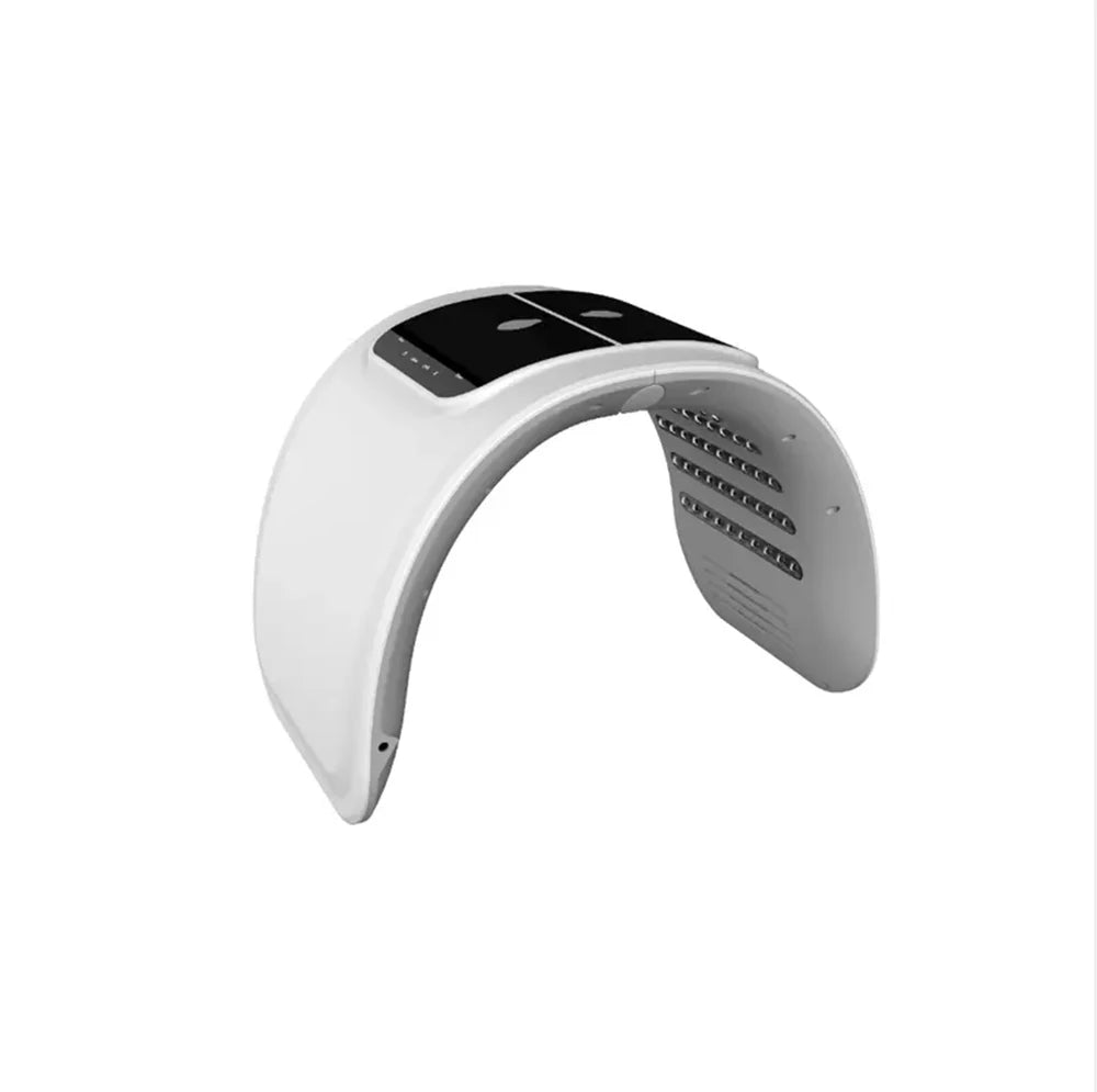 Arched white LED face mask machine with a black top control panel and interior light therapy bulbs.