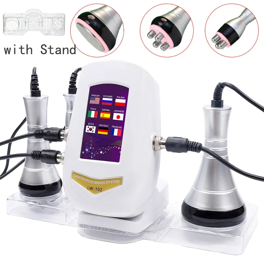 White 40k ultrasonic slimming machine with multiple silver wands, a digital screen, and a clear plastic storage stand.