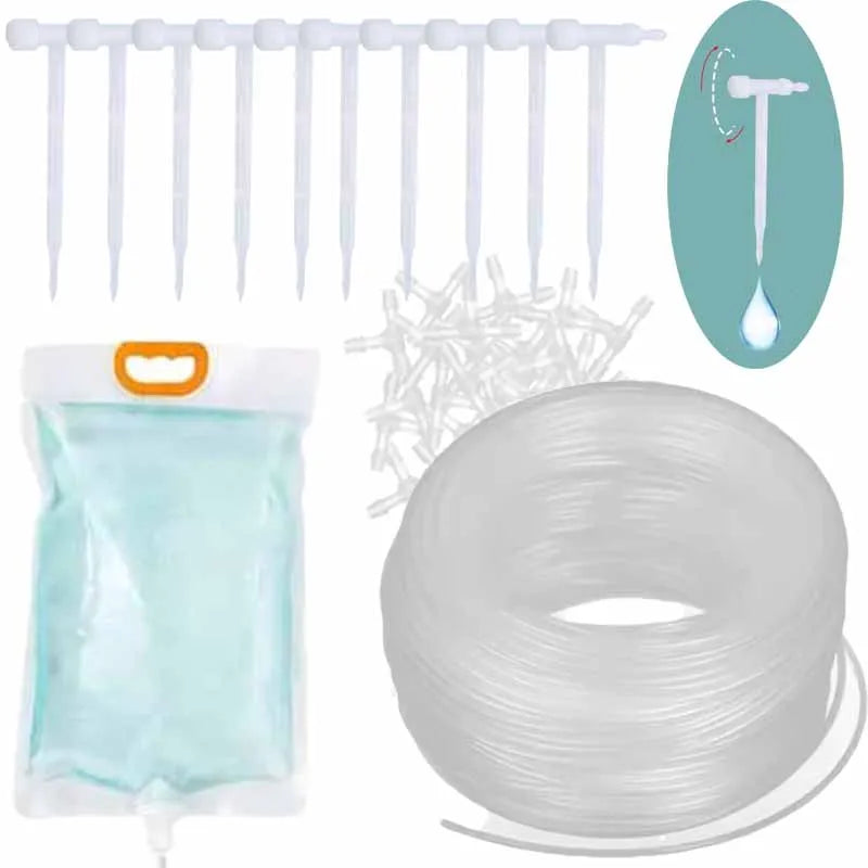Automatic drip irrigation watering bag kit with white tubing and stake drippers