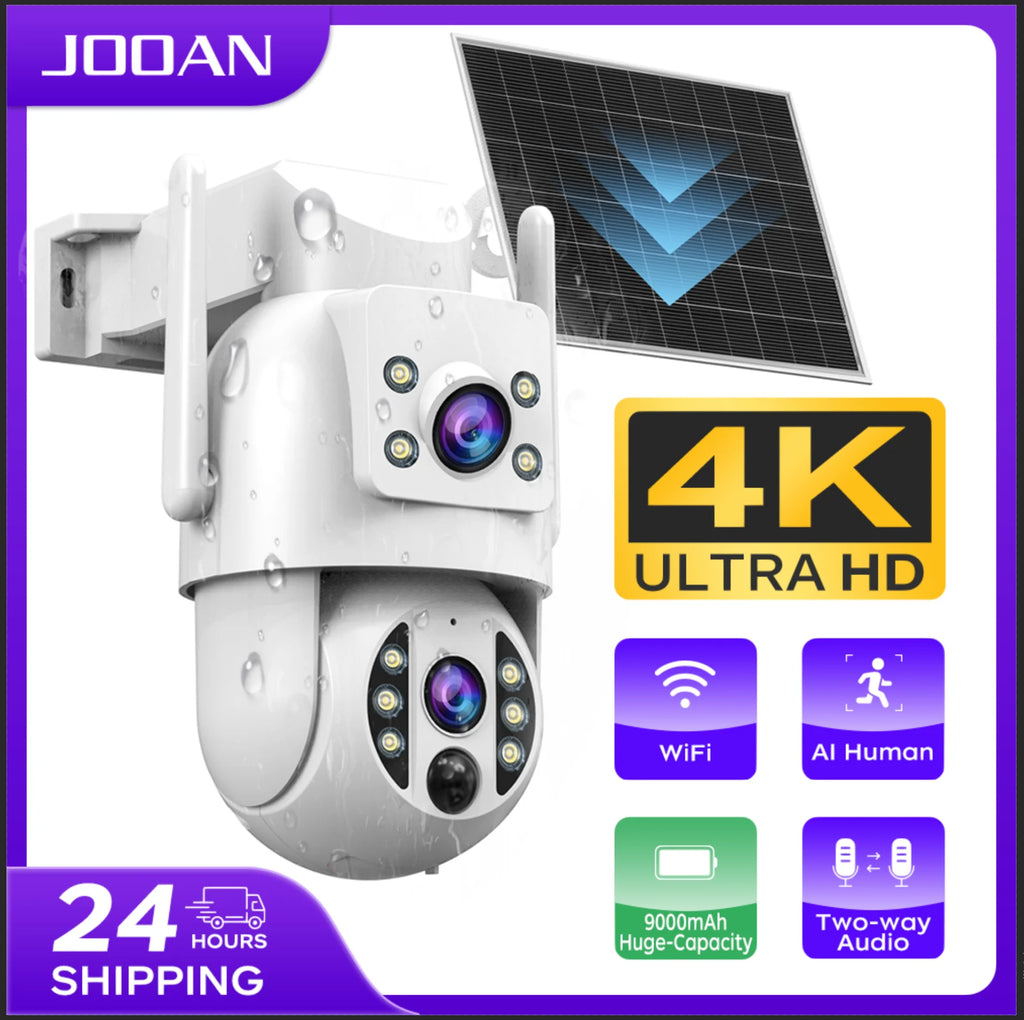 JOOAN 4K WiFi Solar Camera Dual Lens Outdoor Wireless AI Human PTZ IP Camera Built-in Battery Video Surveillance Camera
