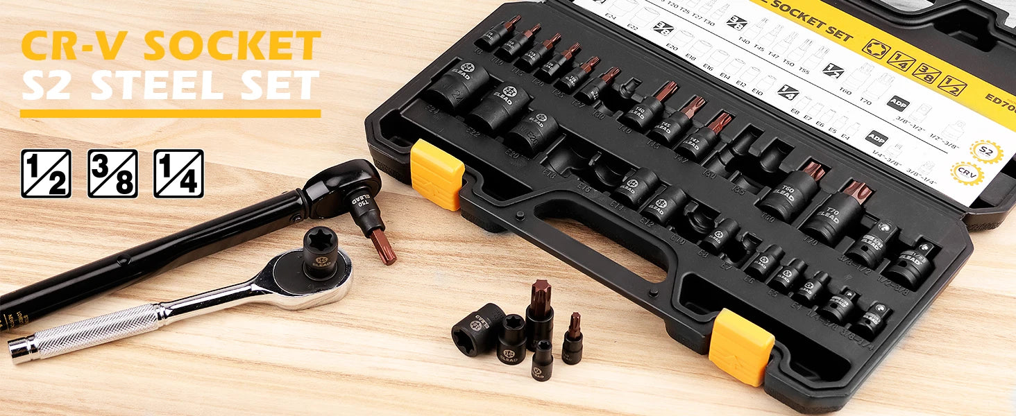 ELEAD 31PC Torx Bit Socket Set Premium CR-V & S2 Alloy Steel Star T8-T70 & E-Torx E4-E24 High Torque Laser Marked