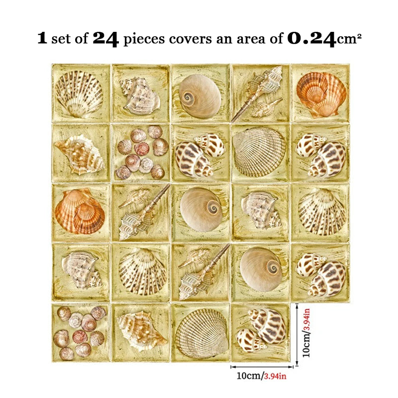 Set of peel-and-stick backsplash tile stickers with beige seashell mosaic designs