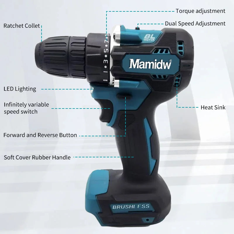 Mamidw 18V Brushless Cordless Drill, 2 Speed Adjustable Handheld Power Drill, Multi Torque Setting Electric Drill for Wood Metal Screwdriving & Drilling, Compatible with Makita 18V Battery PIN.