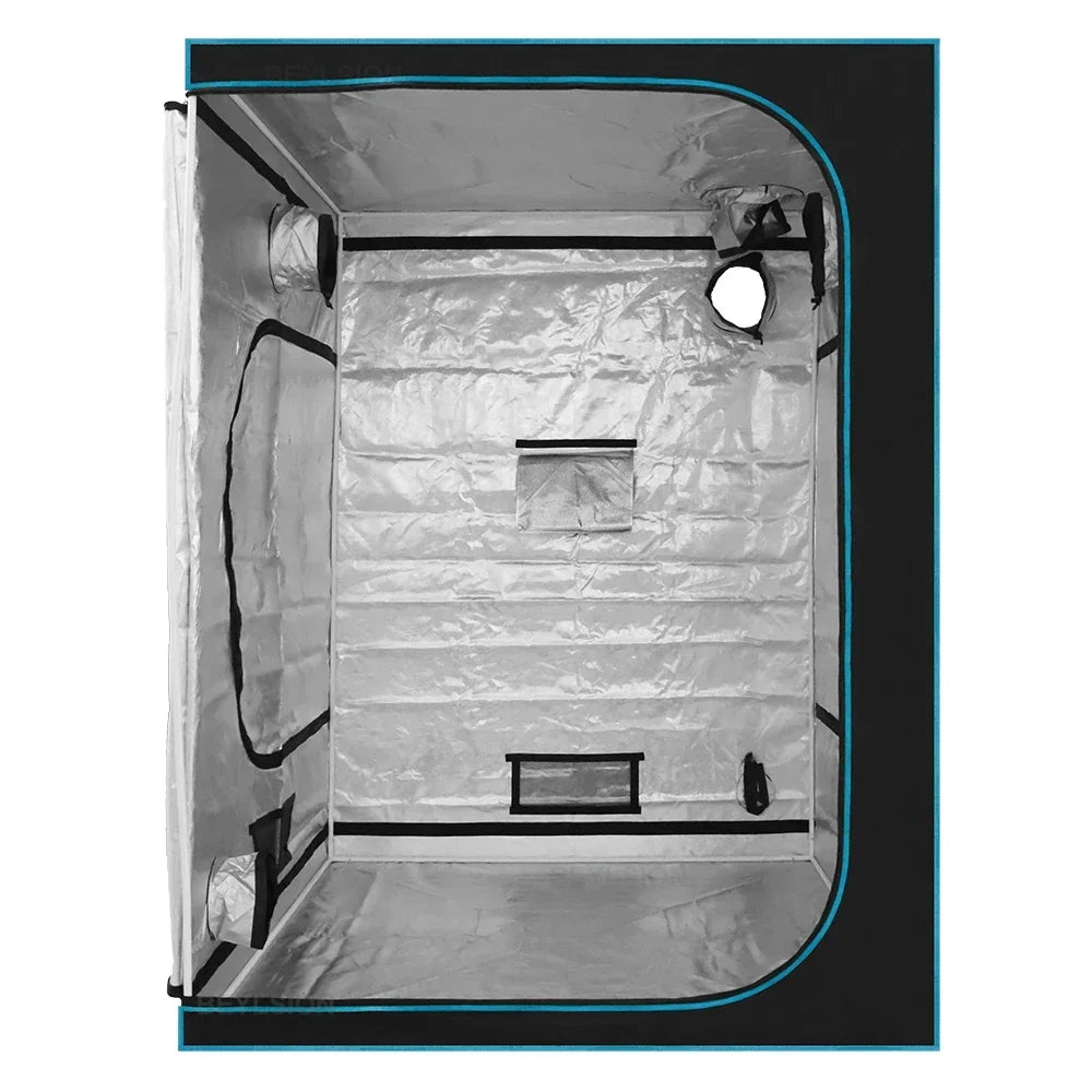 Reflective grow tent interior with zippered door panels and hanging bar frame