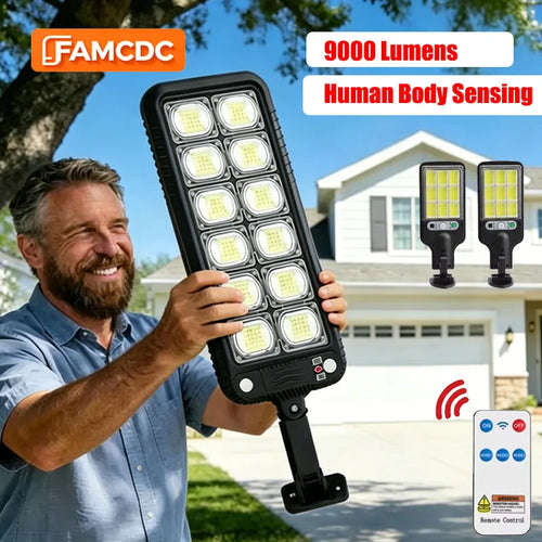 Solar LED street light with motion sensor, black housing, handheld remote control design