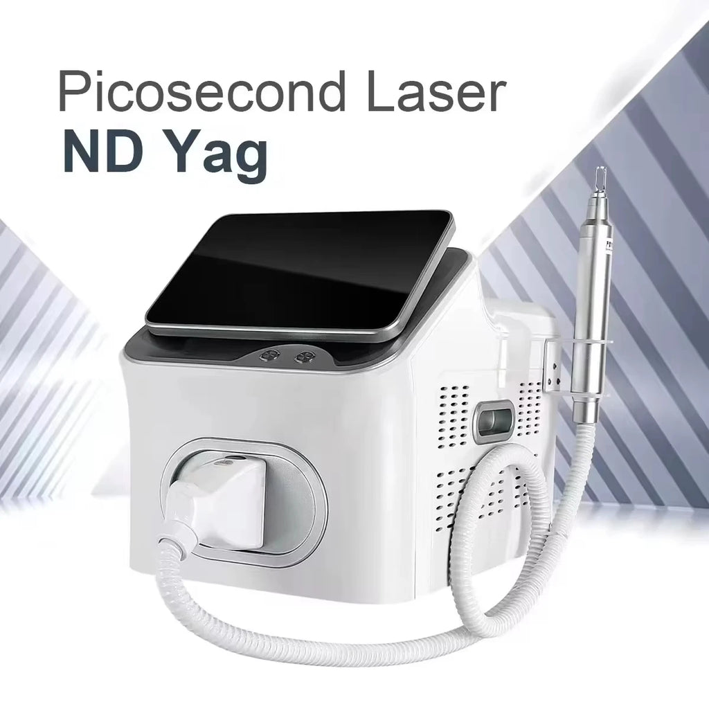 Portable 4000W Picosecond Nd:Yag laser machine for tattoo removal with touchscreen and professional handpiece.