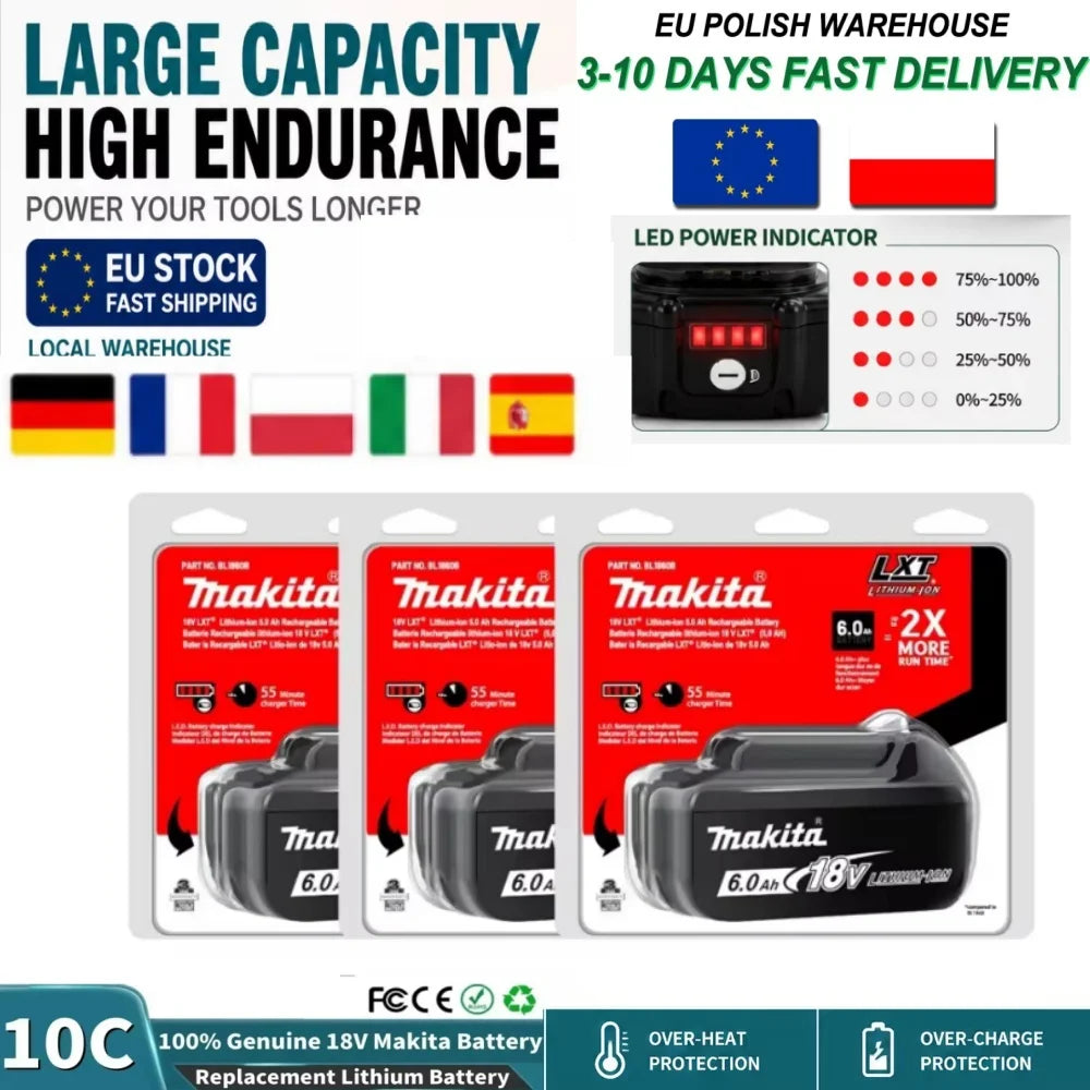 Original Makita Battery, 18V 6.0Ah Rechargeable Battery Power Tool BL1830 BL1840、BL1850、BL1860B、 Makita 18V