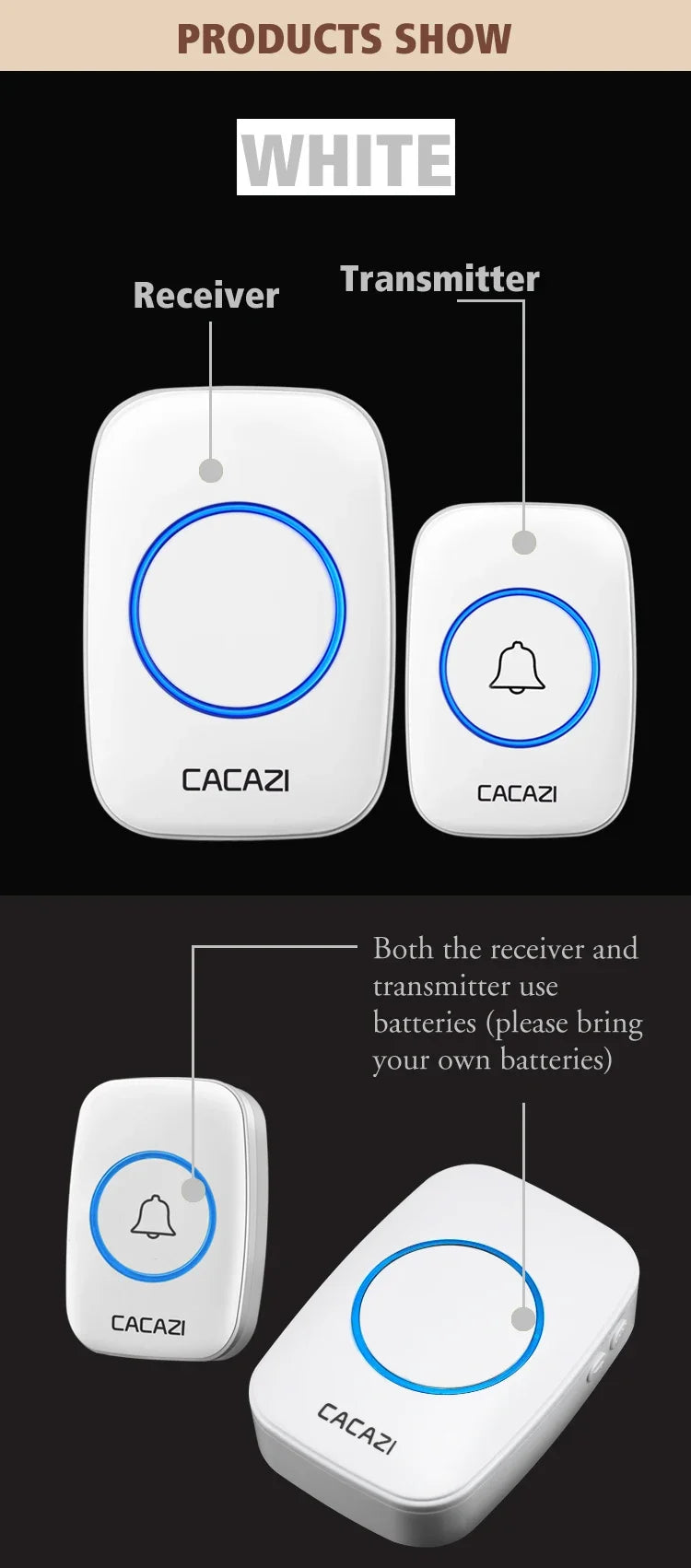 CACAZI 36 music 110DB 300M Wireless Doorbell Waterproof Remote Battery powered Smart Door Bell Battery 1  2 Button 1 2  Receiver