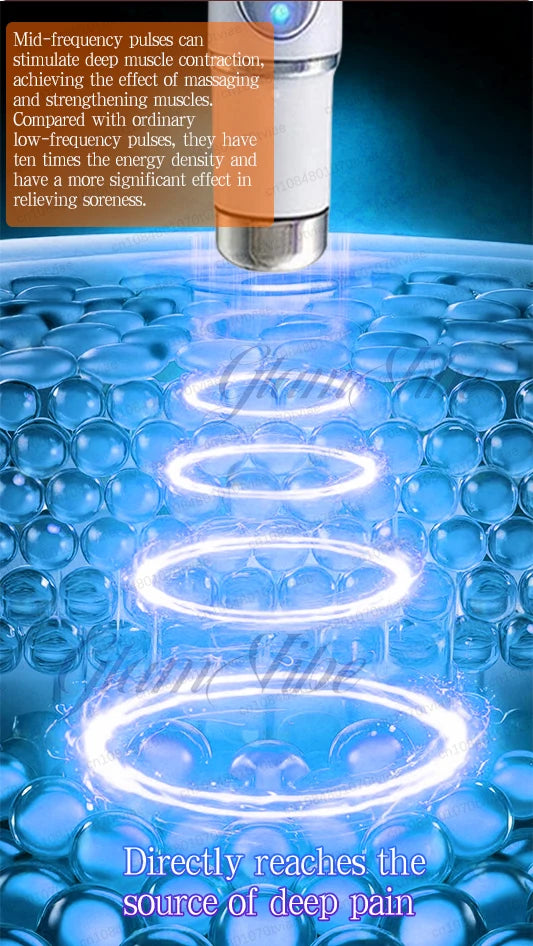 White, cylindrical handheld muscle massager emitting blue light pulses into skin tissue to relieve deep pain.