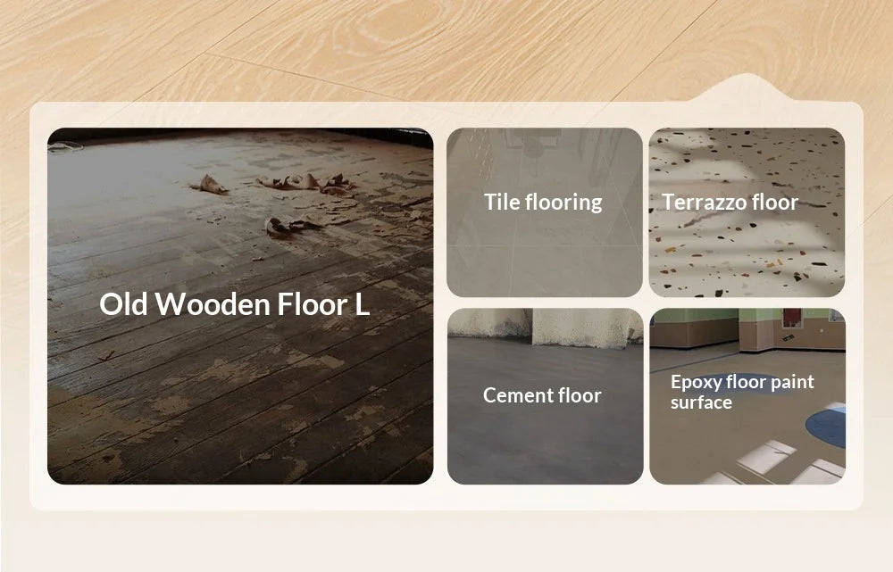 Wood-look flooring sample panel with tile, terrazzo, cement, and epoxy finish tiles