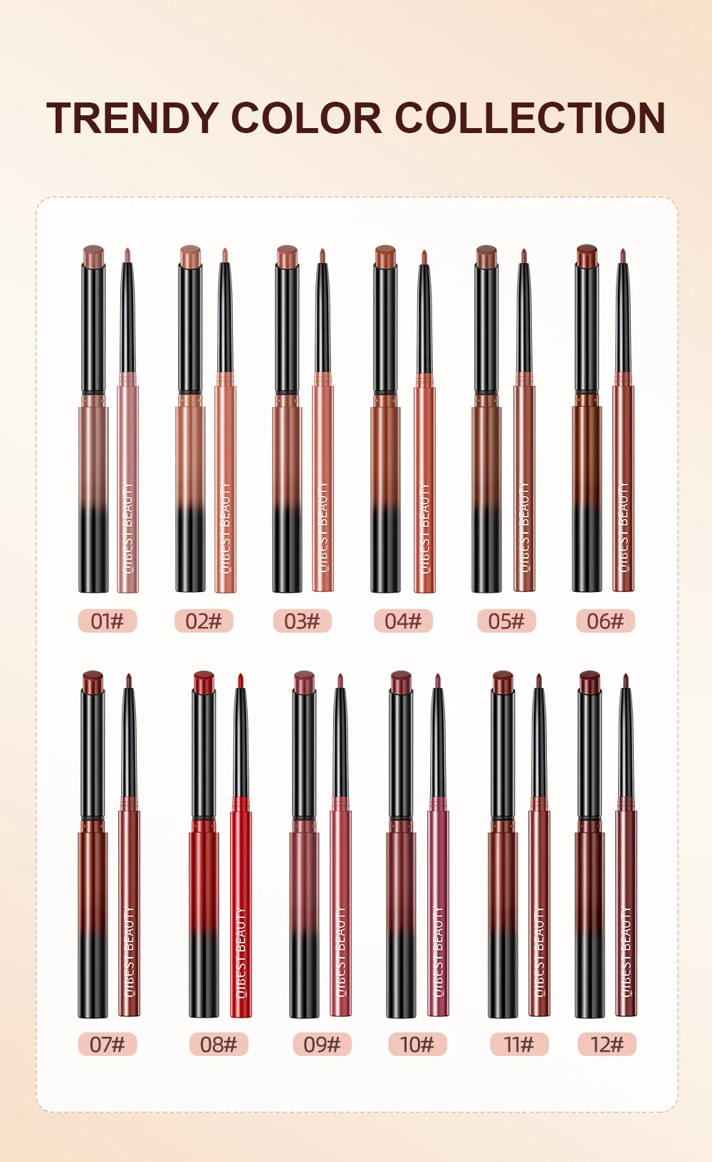 QIBEST matte velvet lipstick and lipliner pencil set in 12 shades, ranging from nude and brown to bold red tones.
