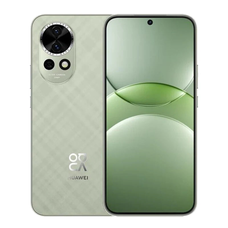 Huawei Nova 13 5G green smartphone, front and back view, 50MP camera module, 6.7-inch OLED display, HarmonyOS.