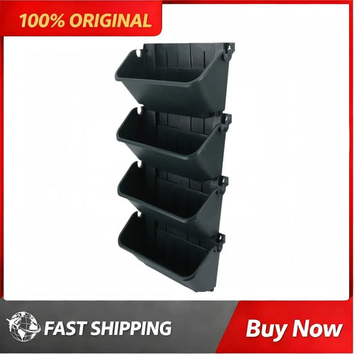 Four-pot vertical wall planter, stackable dark plastic planters with mounting brackets
