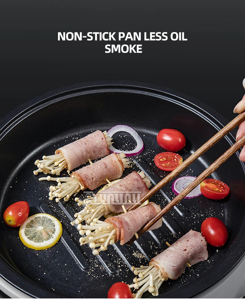 Nonstick cooking pan with meat rolls, mushrooms, and sliced onions in sauce