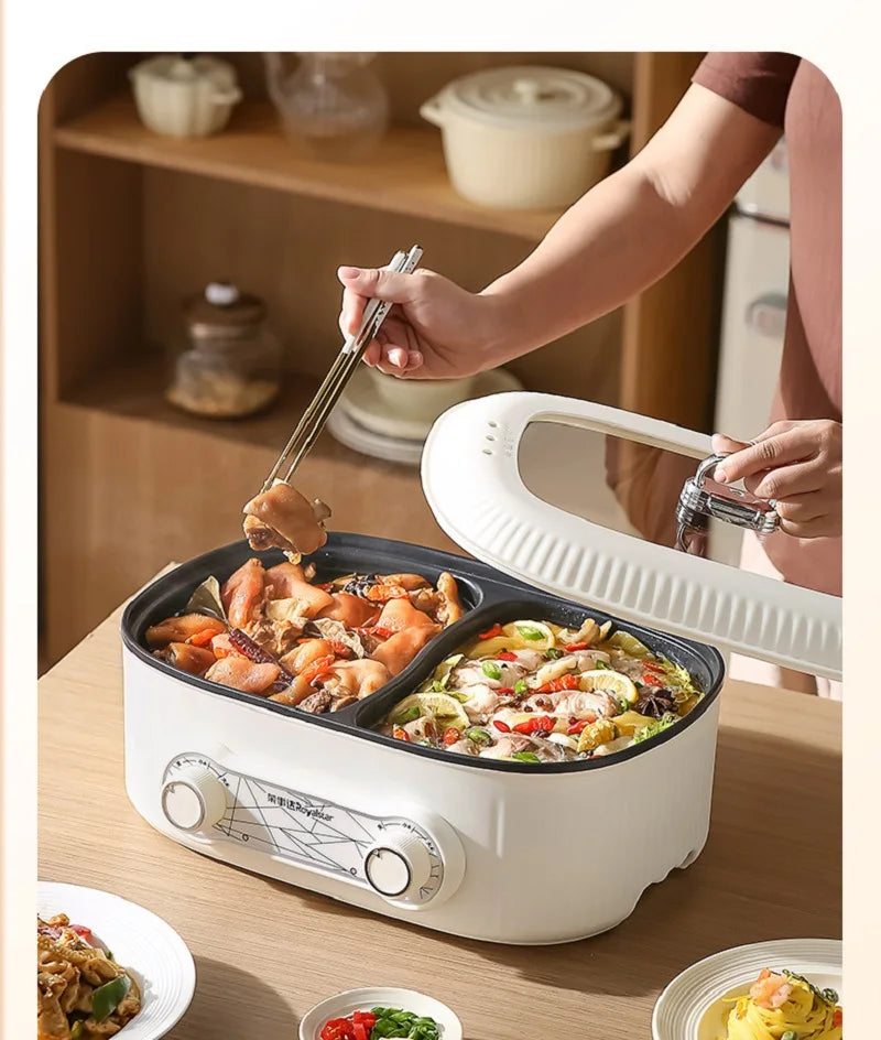 White 6L electric cooking pot holding two dishes while serving with utensils