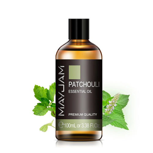 Amber glass bottle of Mayjam Patchouli essential oil for aromatherapy wellness and natural fragrance.