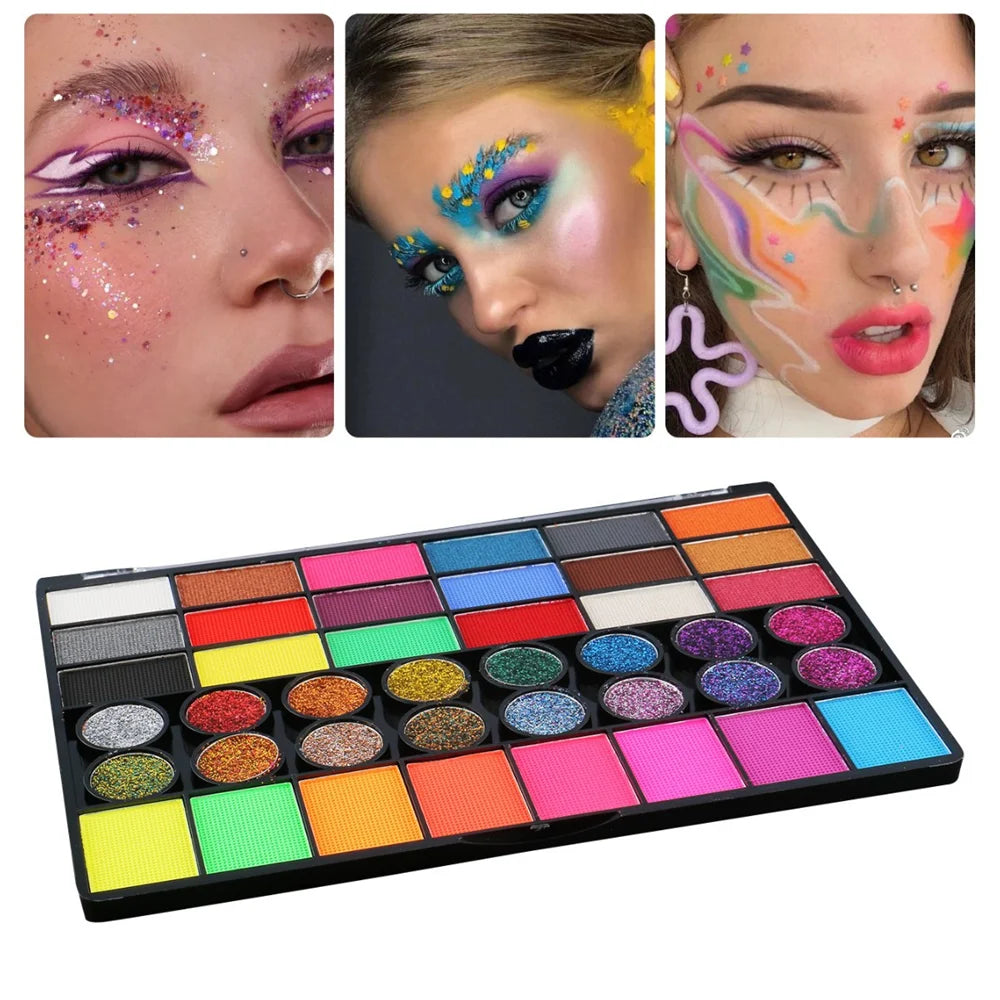 Tidesmit 42 color water soluble face body paint set neon glow festival makeup palette swatch detail view
