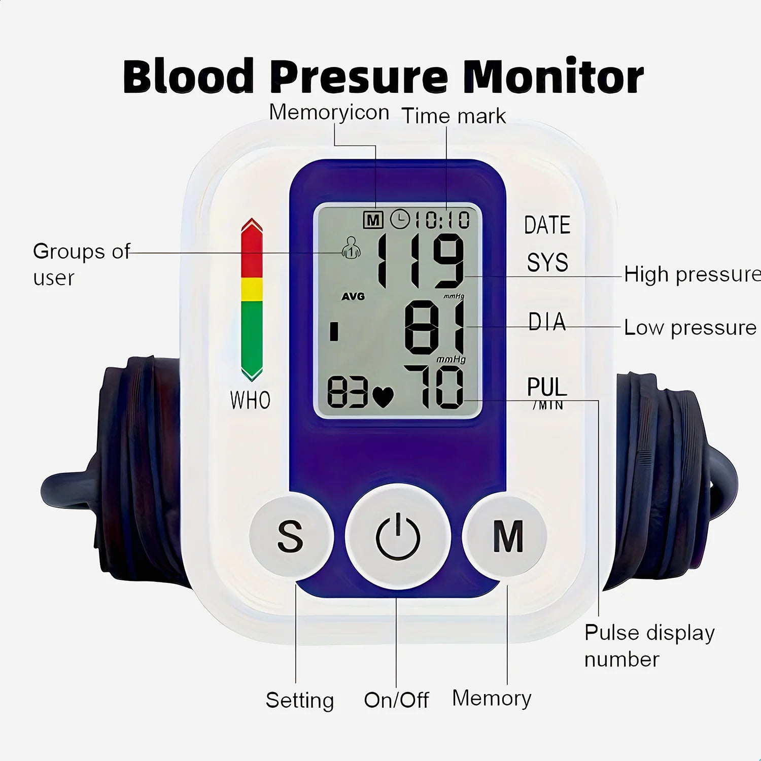 Portable Arm Blood Pressure Monitor BP Automatic Professional Medical Tonometer Digital Tensiometer Heart Rate Monitor White