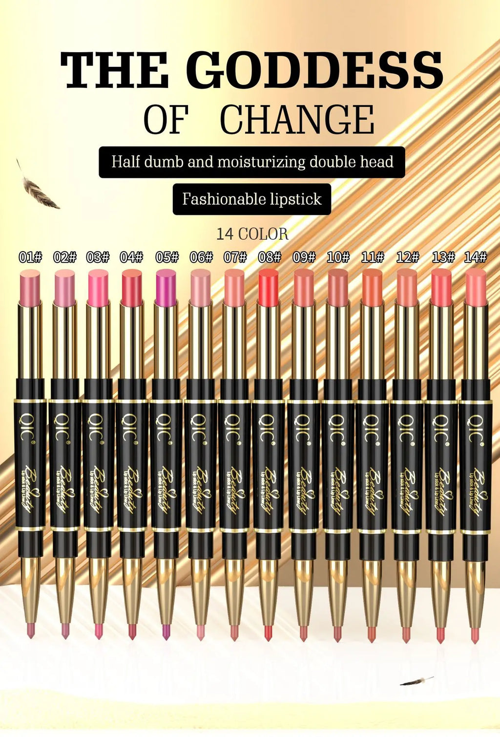 2-in-1 waterproof lip liner and matte lipstick set featuring 14 long-lasting, highly pigmented nude and red shades.