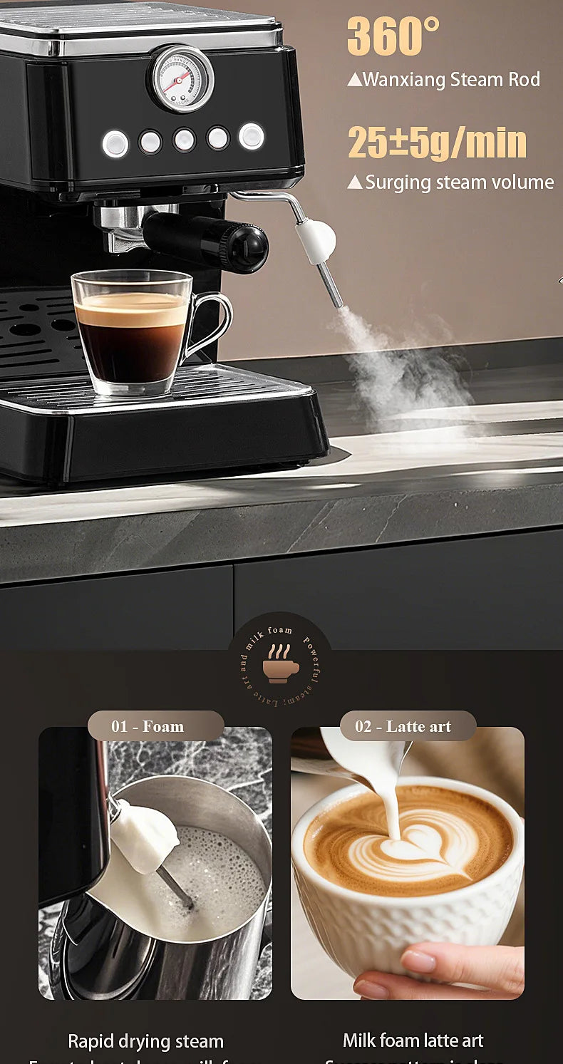 Black espresso machine with 360-degree steam wand, pressure gauge, and milk frothing features for latte art.