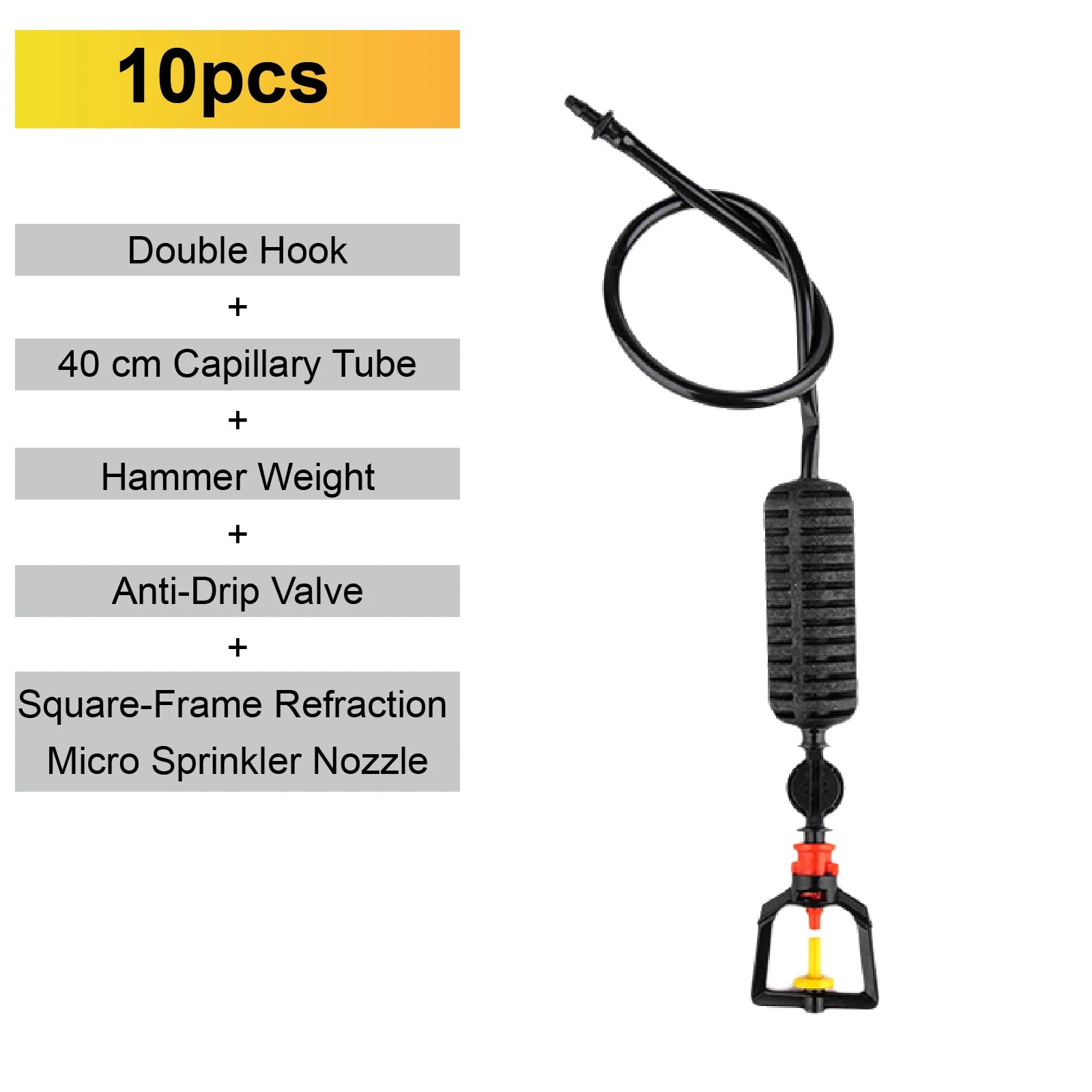 10-pack square-frame refraction micro sprinkler nozzle with anti-drip valve and double hook