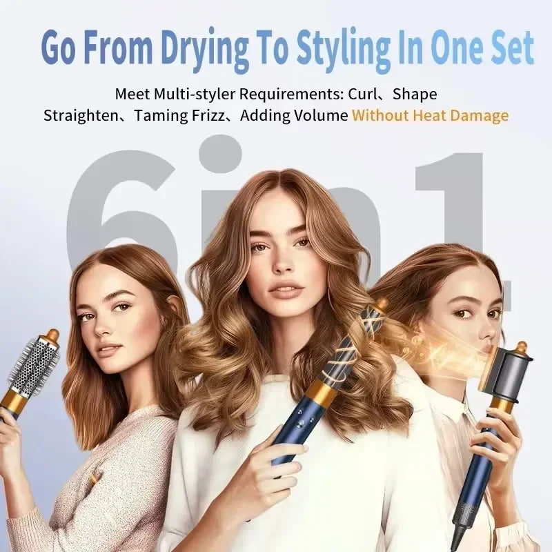SenCiciMen 6-in-1 blue and gold hair dryer brush set with curling barrels and volumizing attachments for styling.
