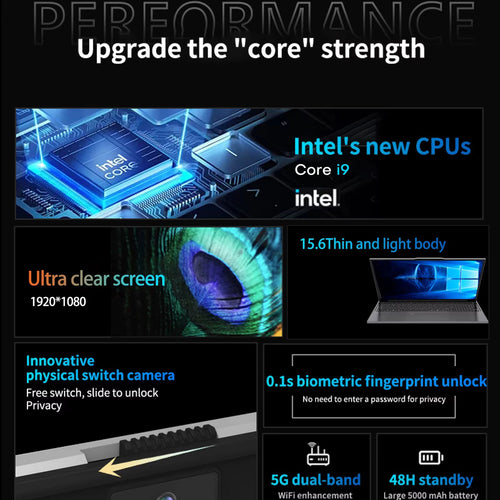 Grey 15.6-inch laptop with slim bezels, Intel Core i9, physical camera privacy slider, and fingerprint sensor.