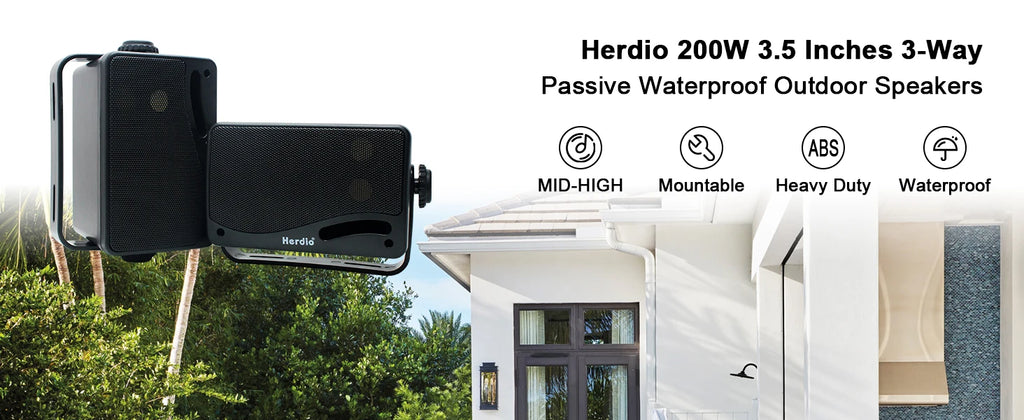 Herdio 3.5inch Outdoor Speaker 200W Waterproof Wall Mount Speakers HiFi Passive Wired 3 Way Premium Mountable Speake Black