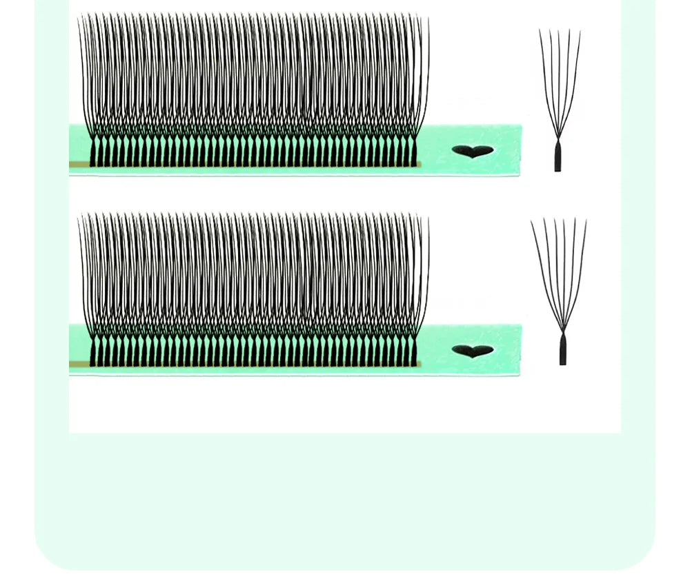 Black U-shaped premade lash extension fans on two light green adhesive strips, showcasing a fluffy, lightweight style.