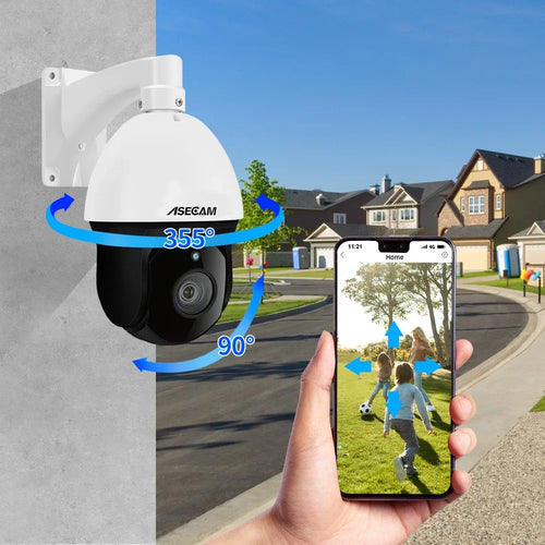 Outdoor PTZ dome security camera on wall bracket with phone view and 90° angle graphic