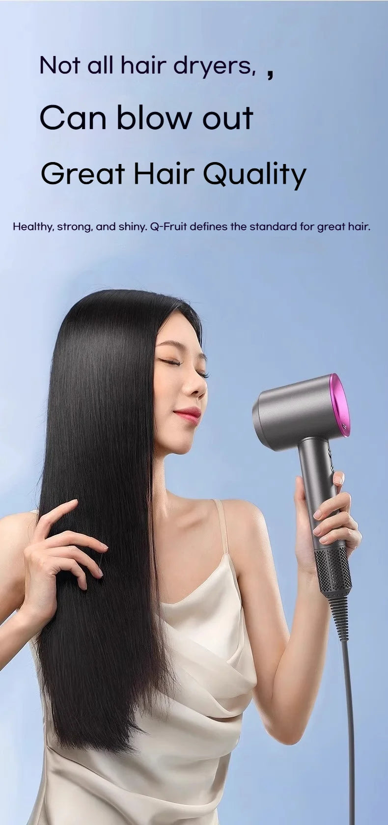 Grey high-speed hair dryer with purple accent, negative ion tech, and sleek ergonomic handle styling long hair.