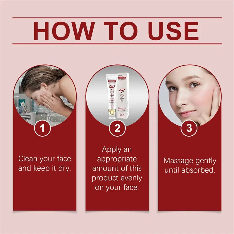 Three-step instruction graphic for 477 face cream: clean face, apply cream from white tube, and massage into skin.