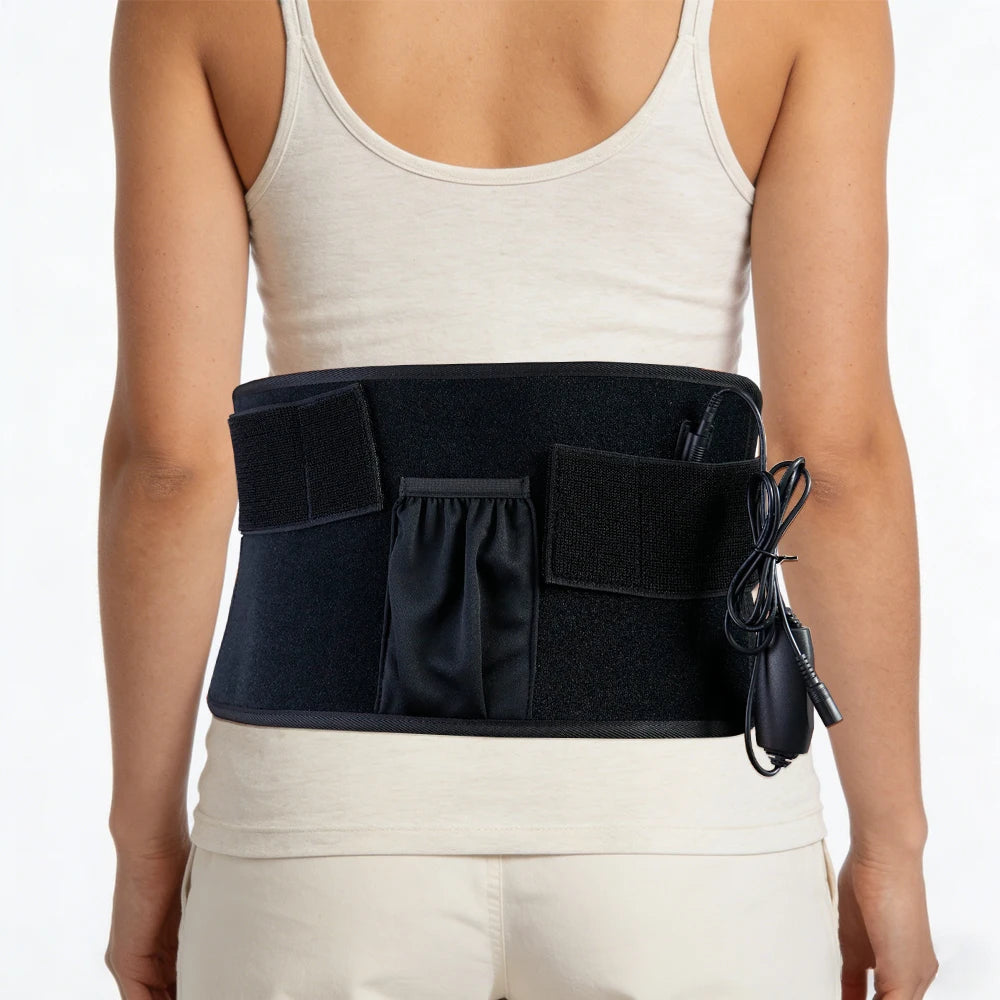 Black 120 LED red light therapy waist belt for back pain relief and body shaping with power cord and storage pocket.