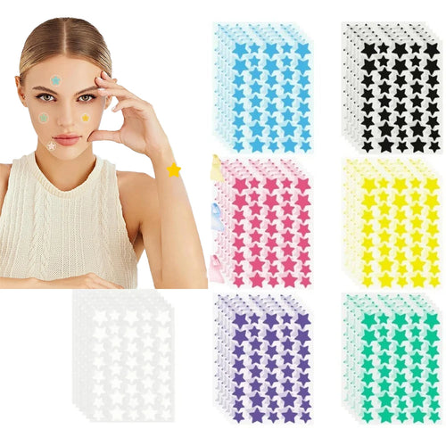 Set of ultra-thin star acne patches in blue, black, pink, yellow, and green