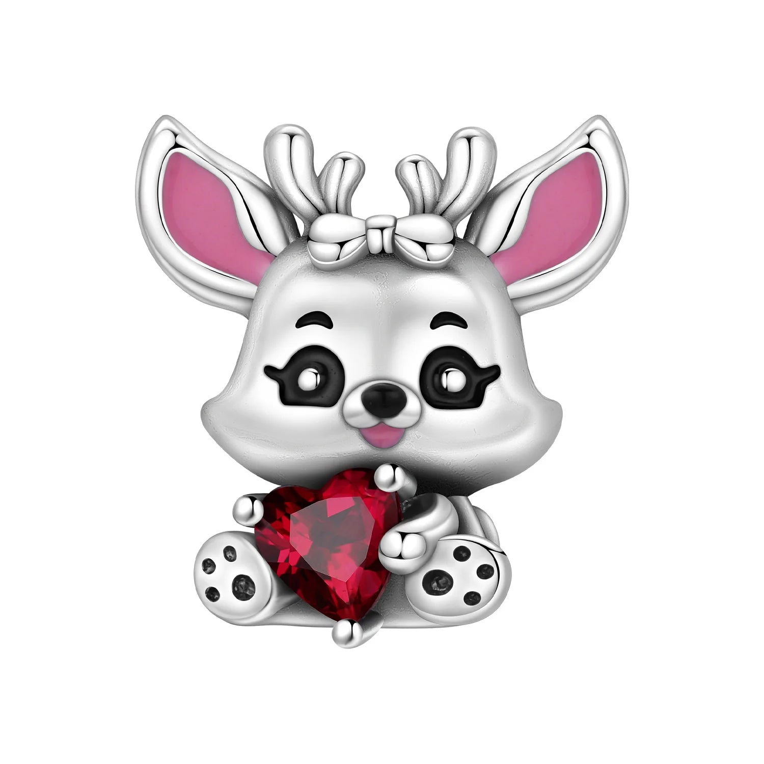 925 sterling silver deer charm with a red heart, cute pet bead for DIY charm bracelets and trendy jewelry gifts.