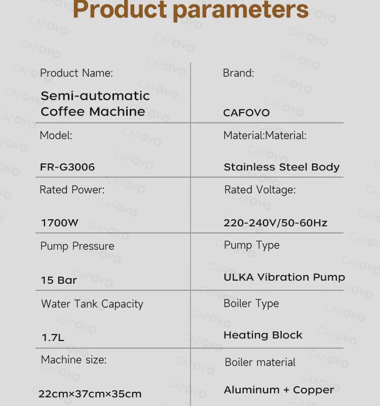 CAFOVO FR-G3006 semi-automatic stainless steel coffee machine, 1.7L capacity, 15 bar pump, 1700W power.