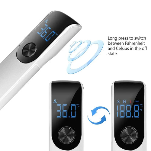 Silver digital infrared baby forehead thermometer for accurate health monitoring with F/C temperature switching.