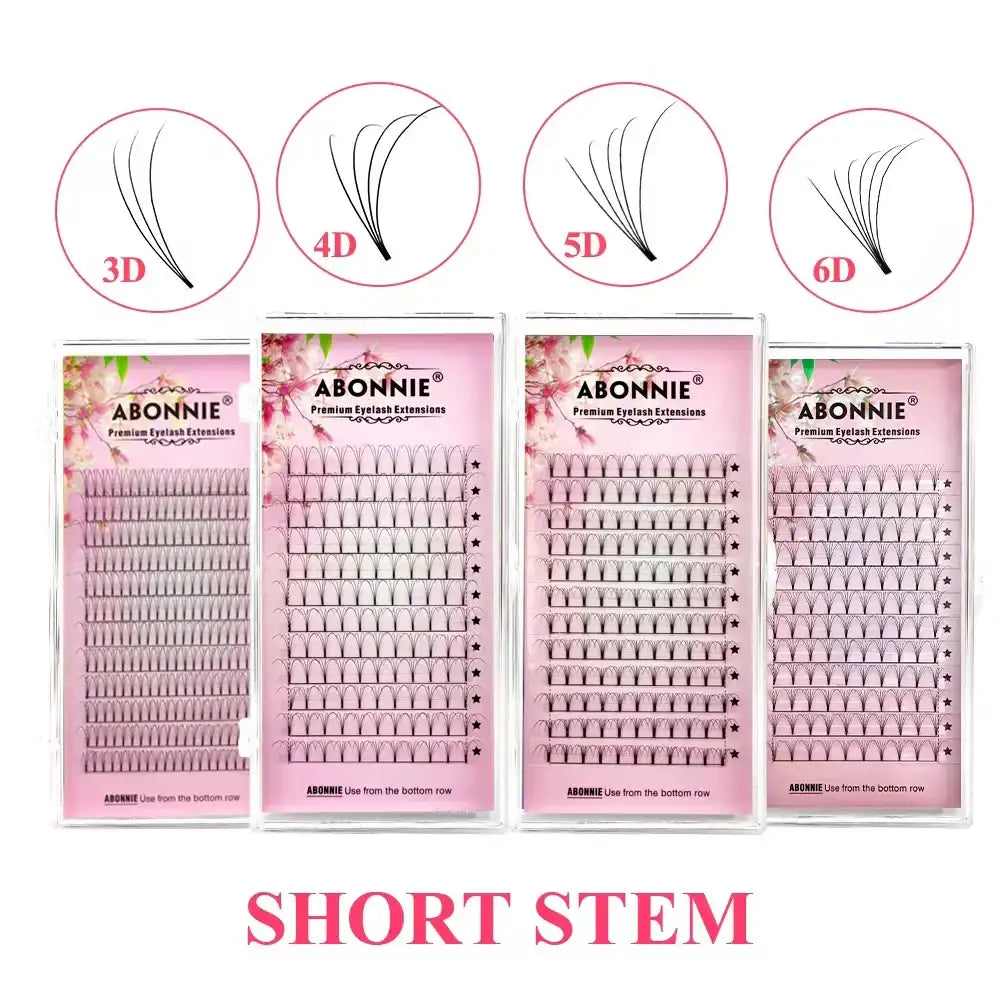 ABONNIE short stem premade volume eyelash extension trays in 3D, 4D, 5D, and 6D styles on pink floral backgrounds.