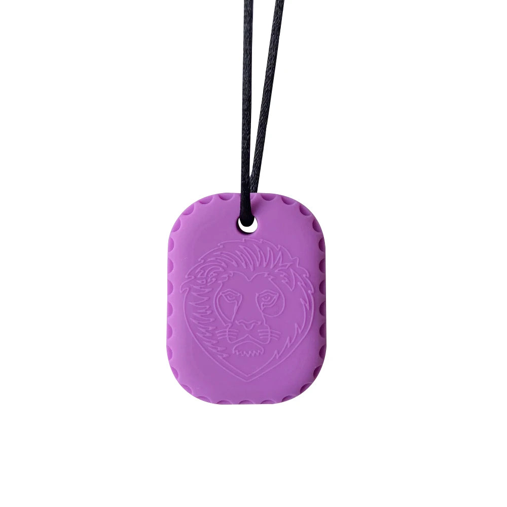 Purple lion silicone teething toy pendant for baby teething relief.