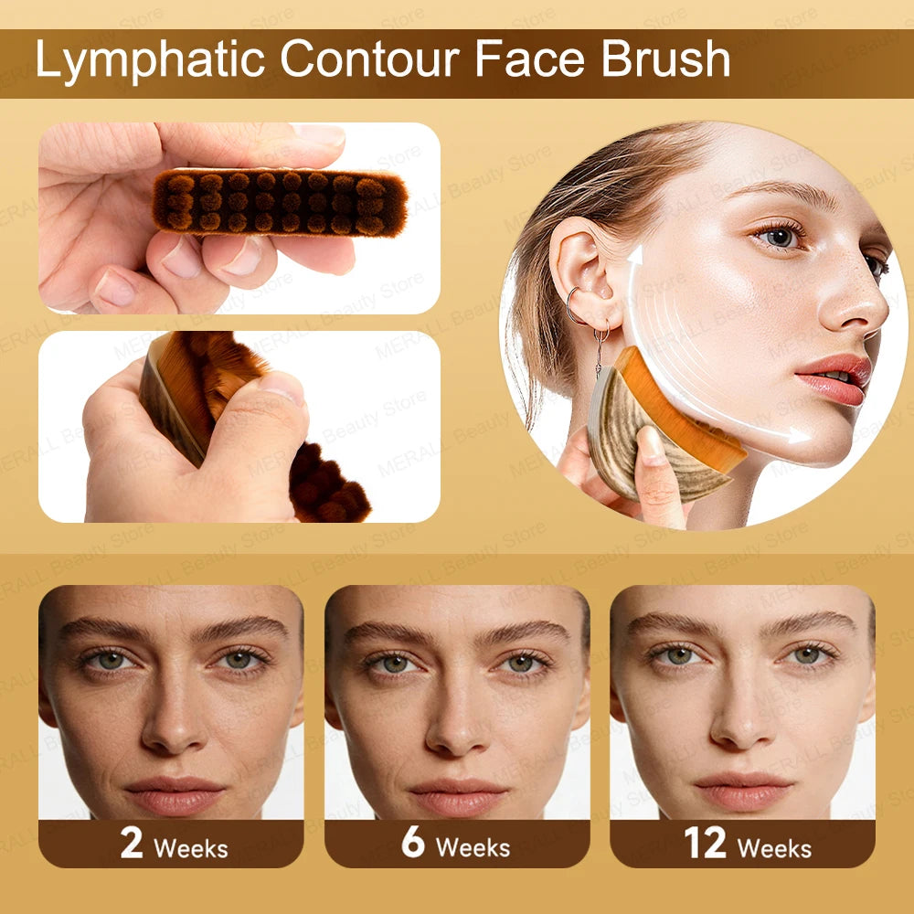 Collage of a wooden-handled face massager brush with soft brown bristles, shown in use on a woman's jawline.