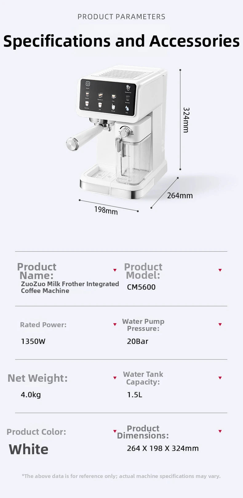 ZuoZuo white espresso machine, 1.5L capacity with milk frother, featuring 20-bar pressure and compact design.