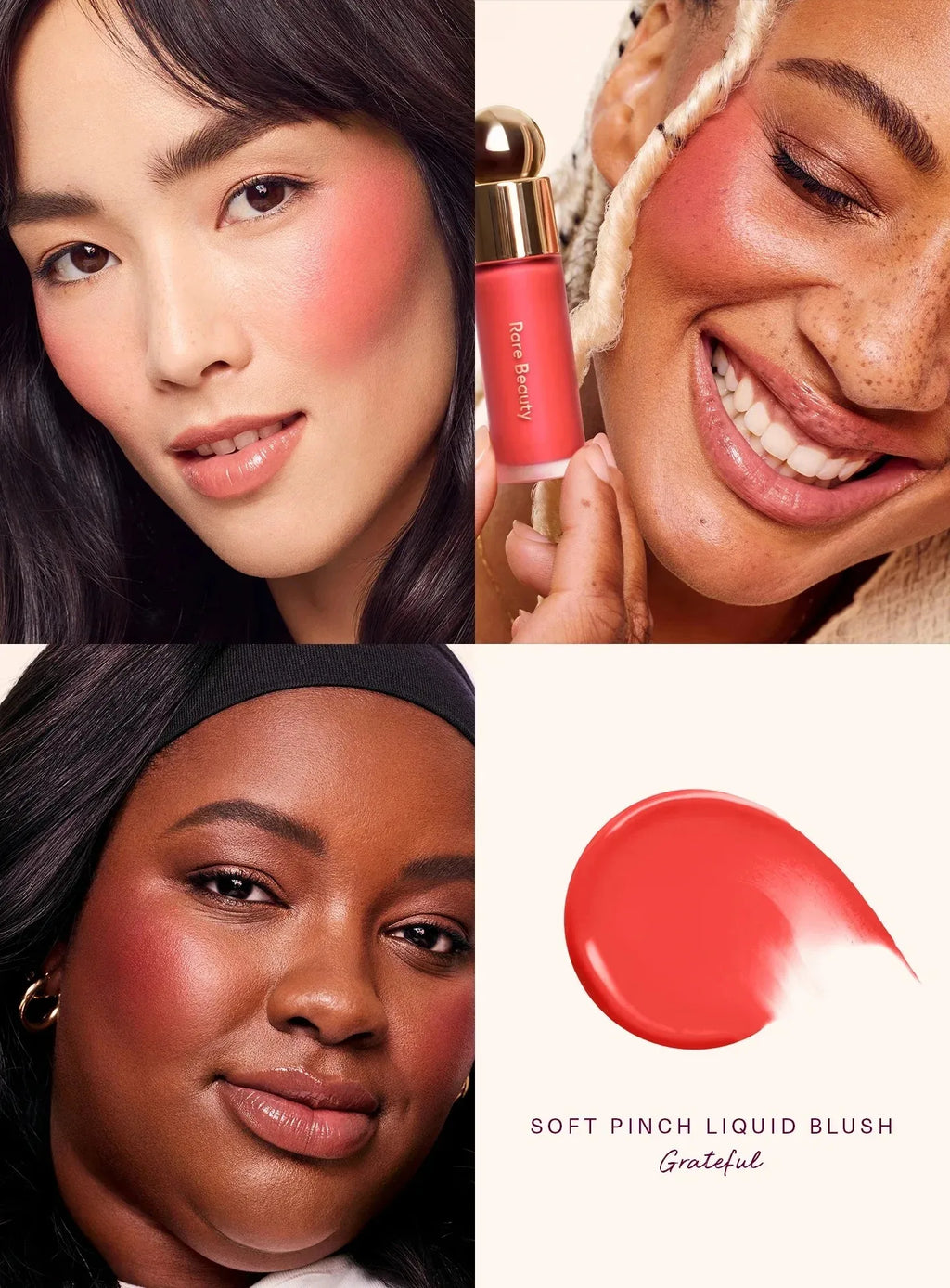 Rare Beauty Soft Pinch Liquid Blush in Grateful: vibrant coral cream texture swatch and glowing skin application.