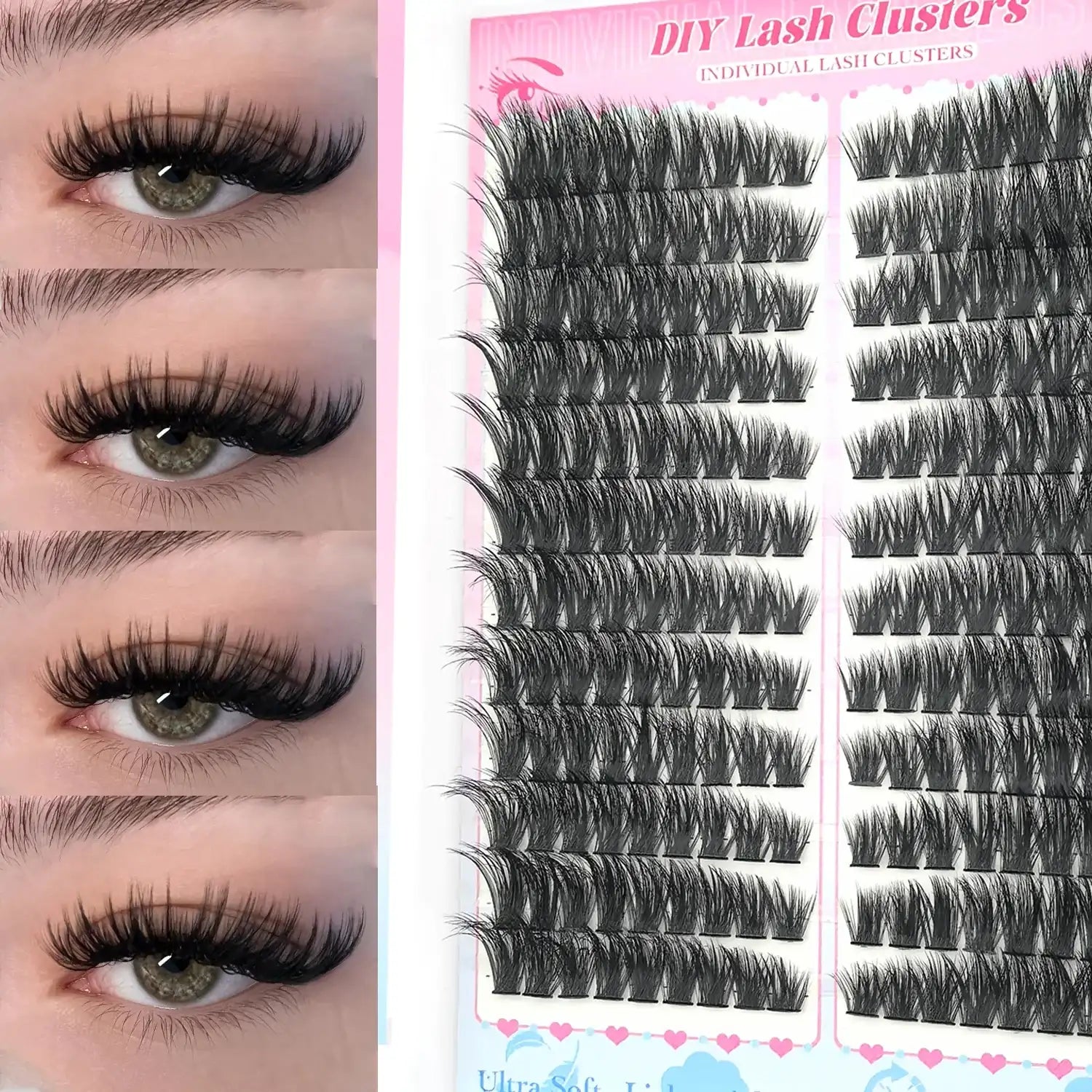 Tidesmit black DIY lash cluster tray with ultra-lightweight 0.05mm fibers shown on an eye for a wispy, volume effect.