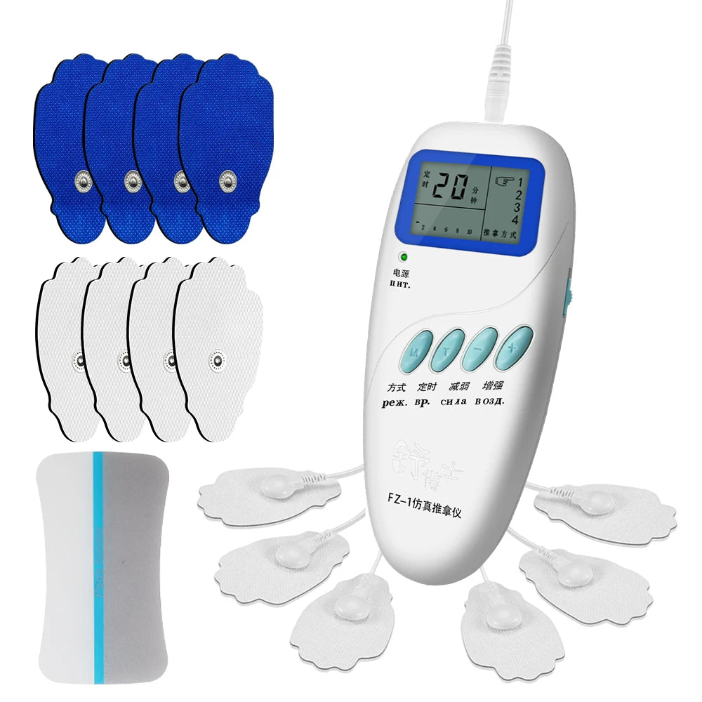 White TENS EMS electric muscle stimulator for pain relief with LCD screen, blue/white pads, and electrode wires.