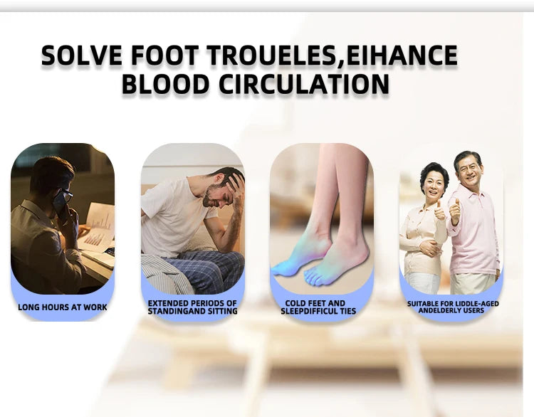 Infographic showing uses for circulation therapy: desk work, standing/sitting, cold feet, and elderly health support.