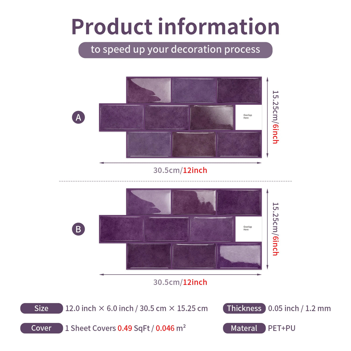 Ceramic tile sticker strip product information card with purple texture diagram