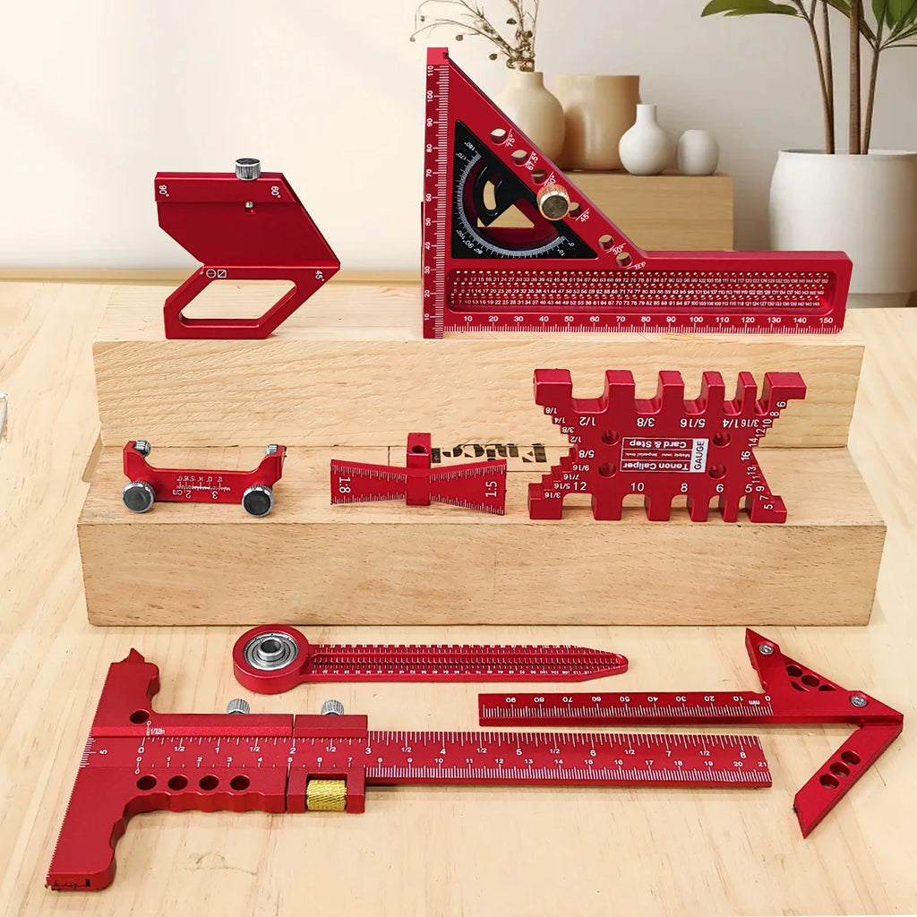 9Pcs Woodworking Square Kit with Box, Aluminum Scribeing Ruler,Center Finder,Circular Drawing Compass,Honing Guide,Height Gauge